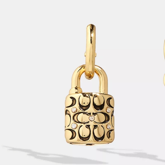 $115 COACH Authentic Quilted Padlock Key Mismatch Gold Hoop Earrings - Picture 2 of 5